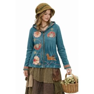 Rising International Teal Tie Dye Embroidered Bird Flower Zip Hoodie patchwork S